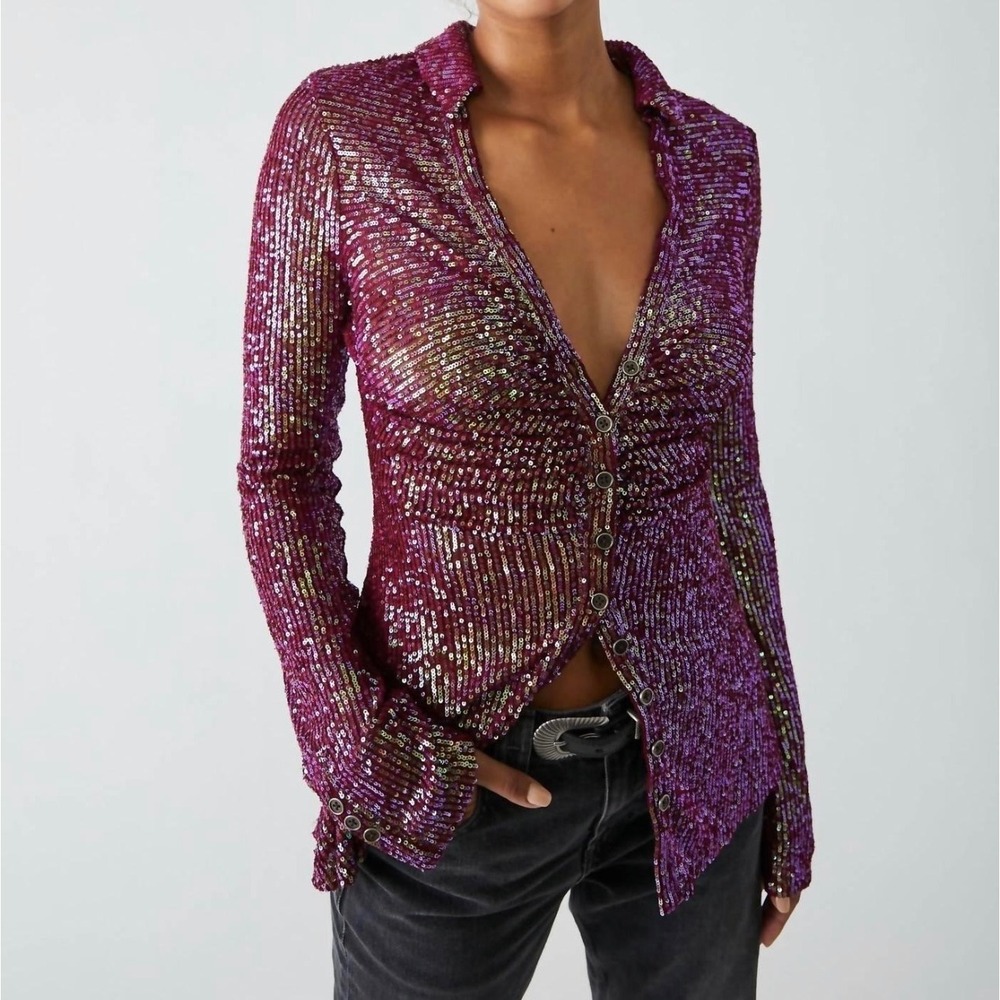Free People Sequin Shirtee Blouse Top Rhubarb Gold Iridescent XS Mystical Glam